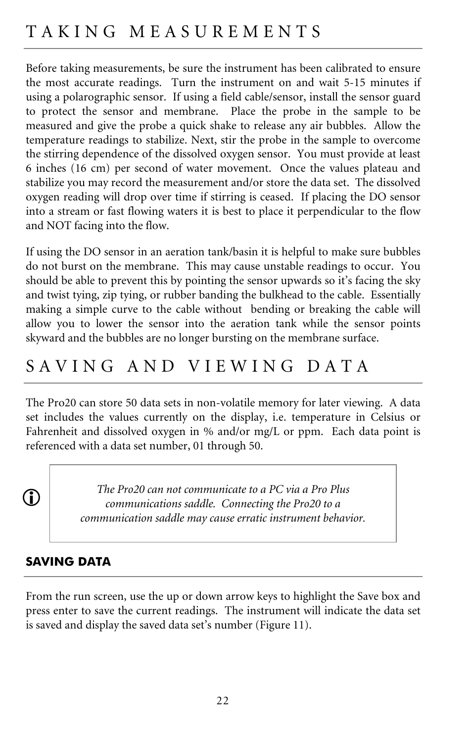 Saving data, Taking measurements, Saving and viewing data | YSI Pro20 User Manual | Page 26 / 43