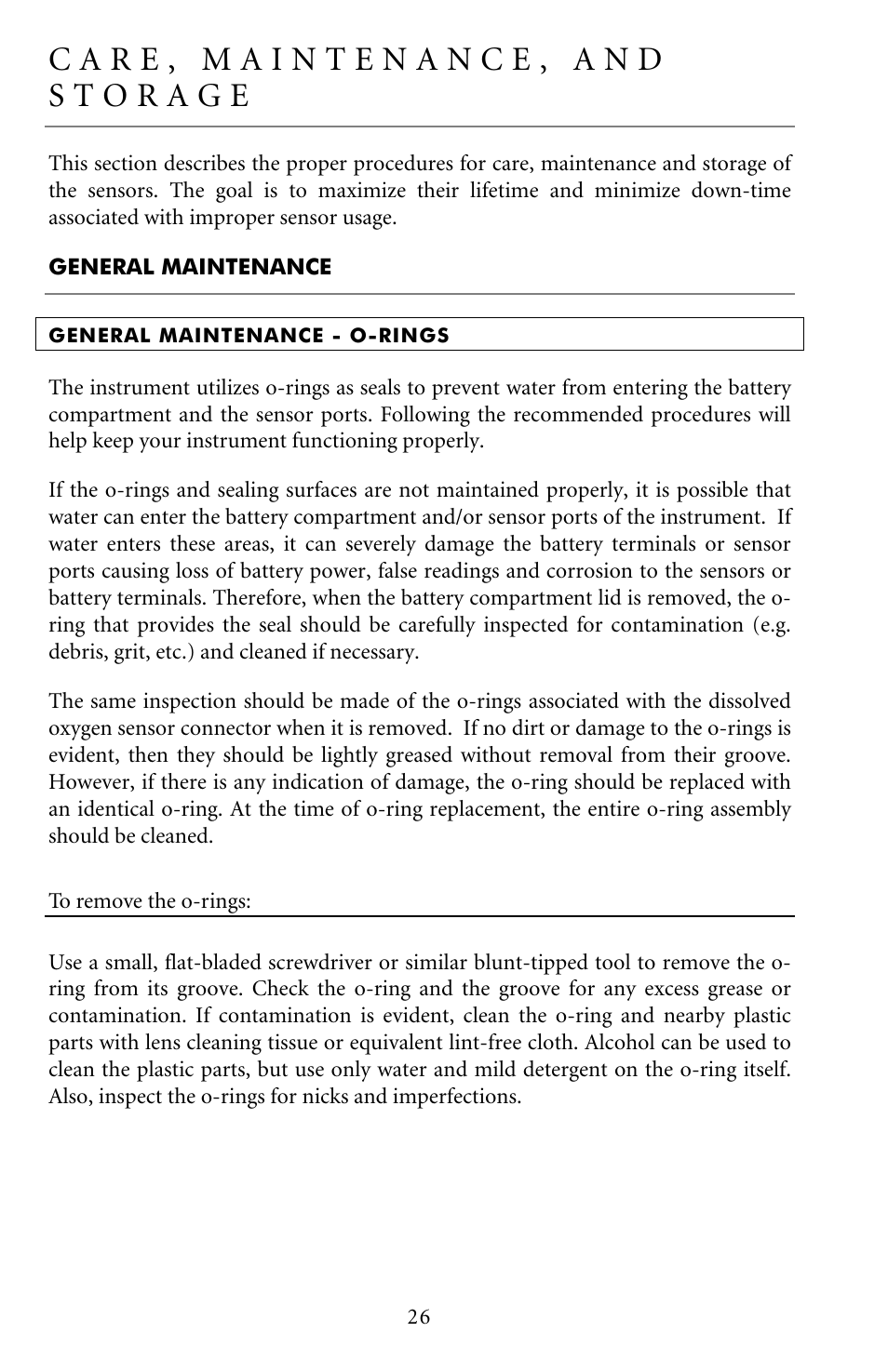General maintenance, General maintenance - o-rings, To remove the o-rings | Care, maintenance, and storage | YSI Pro20 User Manual | Page 30 / 43