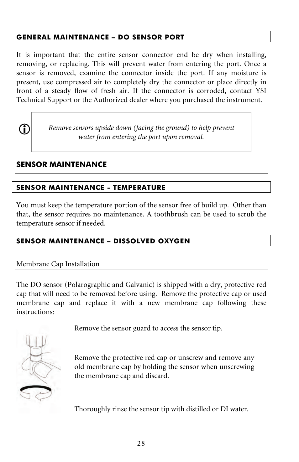 General maintenance – do sensor port, Sensor maintenance, Sensor maintenance - temperature | Sensor maintenance – dissolved oxygen, Membrane cap installation | YSI Pro20 User Manual | Page 32 / 43