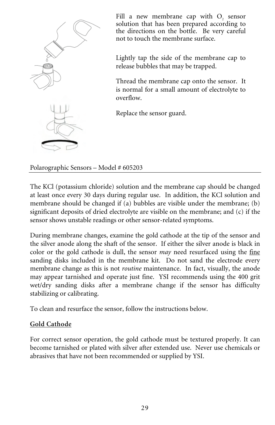 Polarographic sensors – model # 605203, Gold cathode | YSI Pro20 User Manual | Page 33 / 43