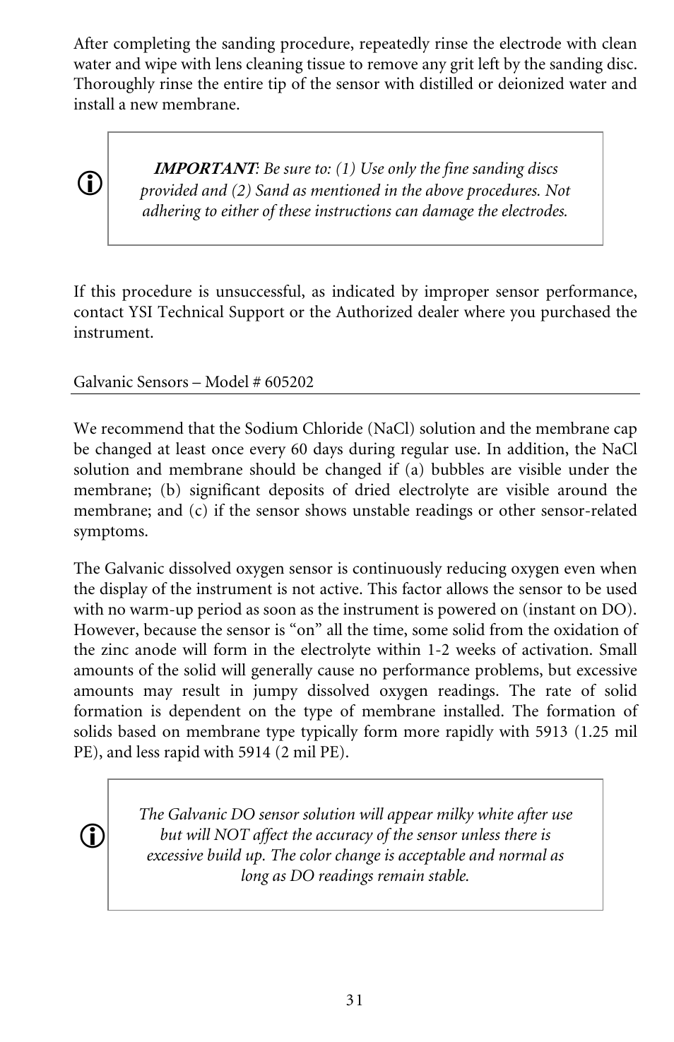 Galvanic sensors – model # 605202 | YSI Pro20 User Manual | Page 35 / 43