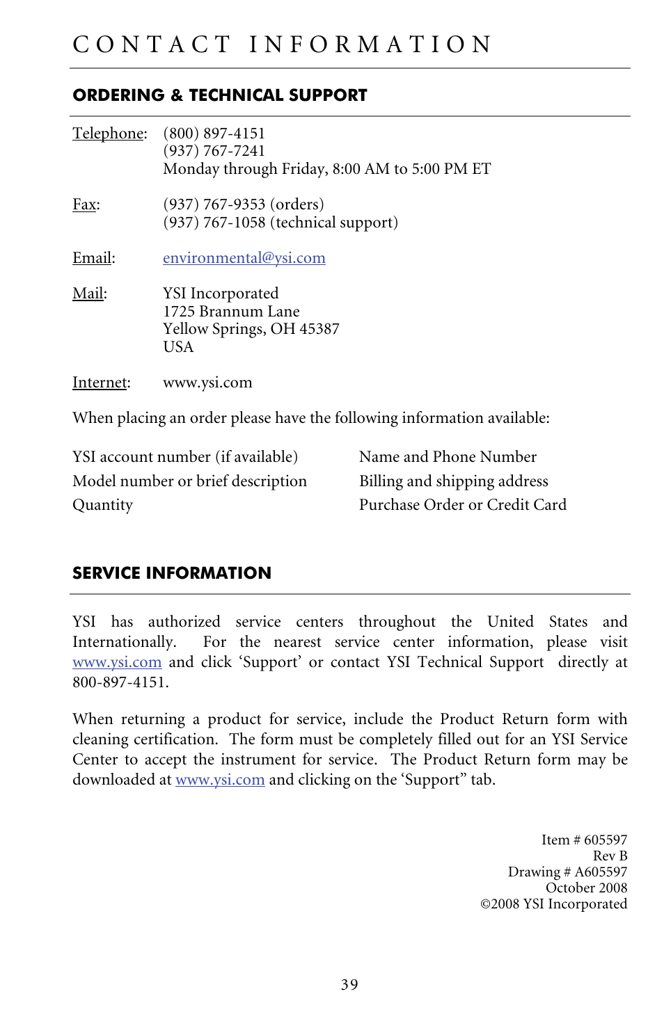 Ordering & technical support, Service information, Contact information | YSI Pro20 User Manual | Page 43 / 43