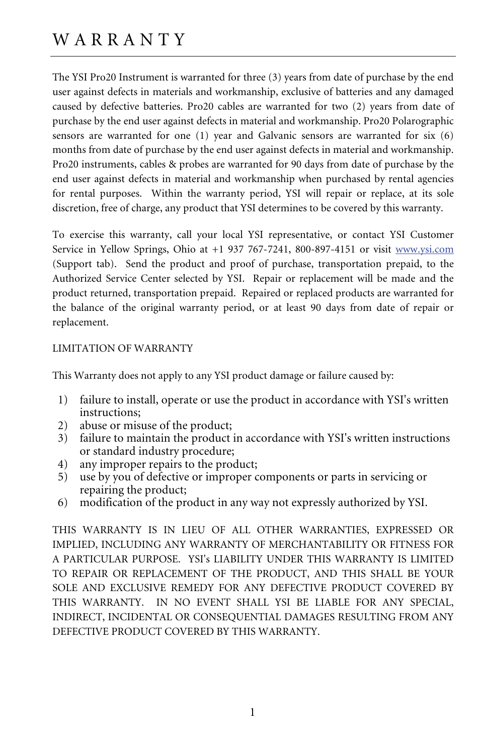 Warranty | YSI Pro20 User Manual | Page 5 / 43