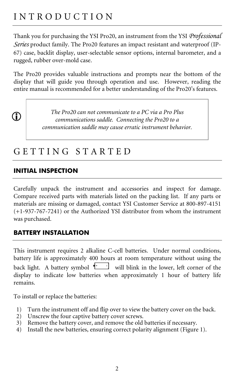 Initial inspection, Battery installation, Introduction | Getting started | YSI Pro20 User Manual | Page 6 / 43