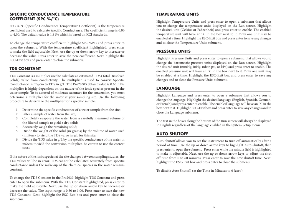 Tds constant, Temperature units, Pressure units | Language, Auto shutoff, Language auto shutoff | YSI Pro2030 User Manual | Page 12 / 27