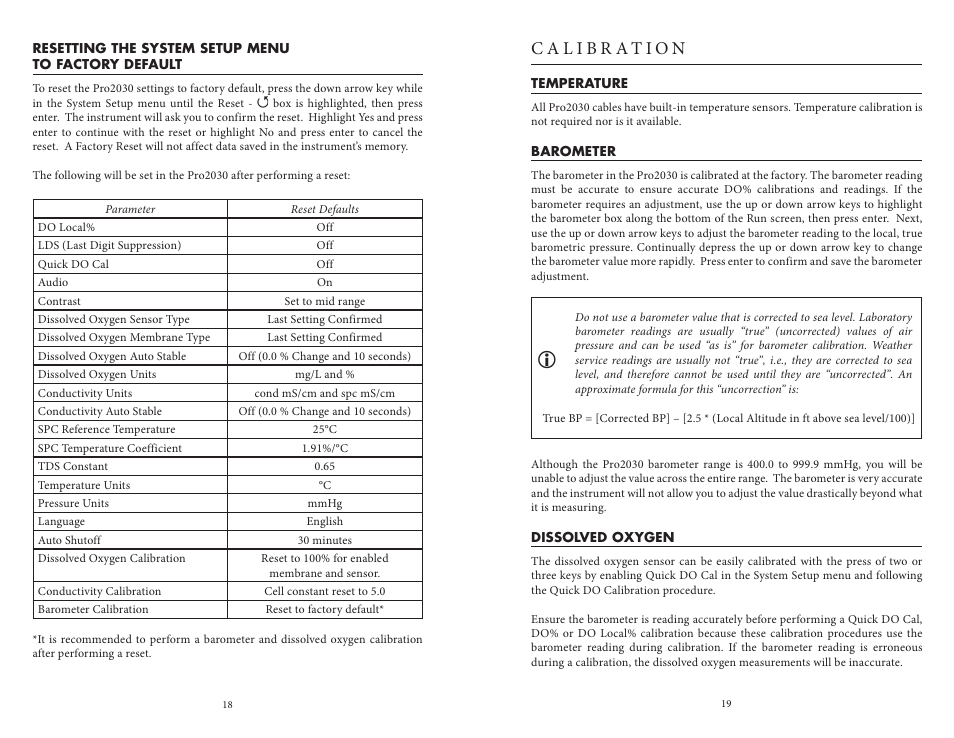 Resetting the system setup menu to factory default, Calibration, Temperature | Barometer, Dissolved oxygen, Temperature barometer dissolved oxygen | YSI Pro2030 User Manual | Page 13 / 27