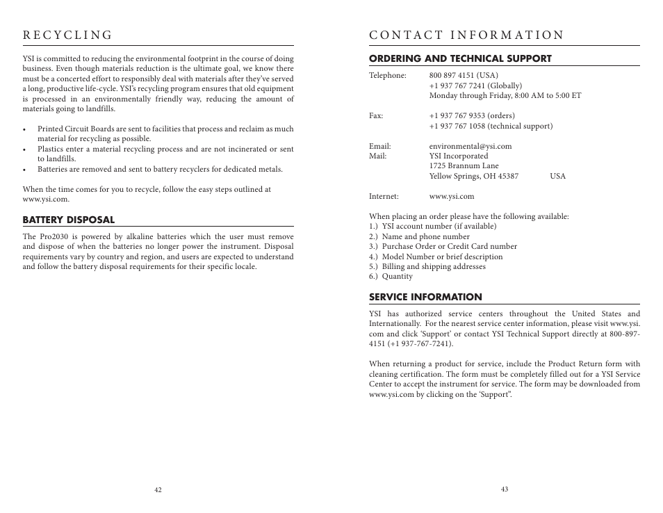 Recycling, Battery disposal, Contact information | Ordering and technical support, Service information, Ordering and technical support service information | YSI Pro2030 User Manual | Page 25 / 27