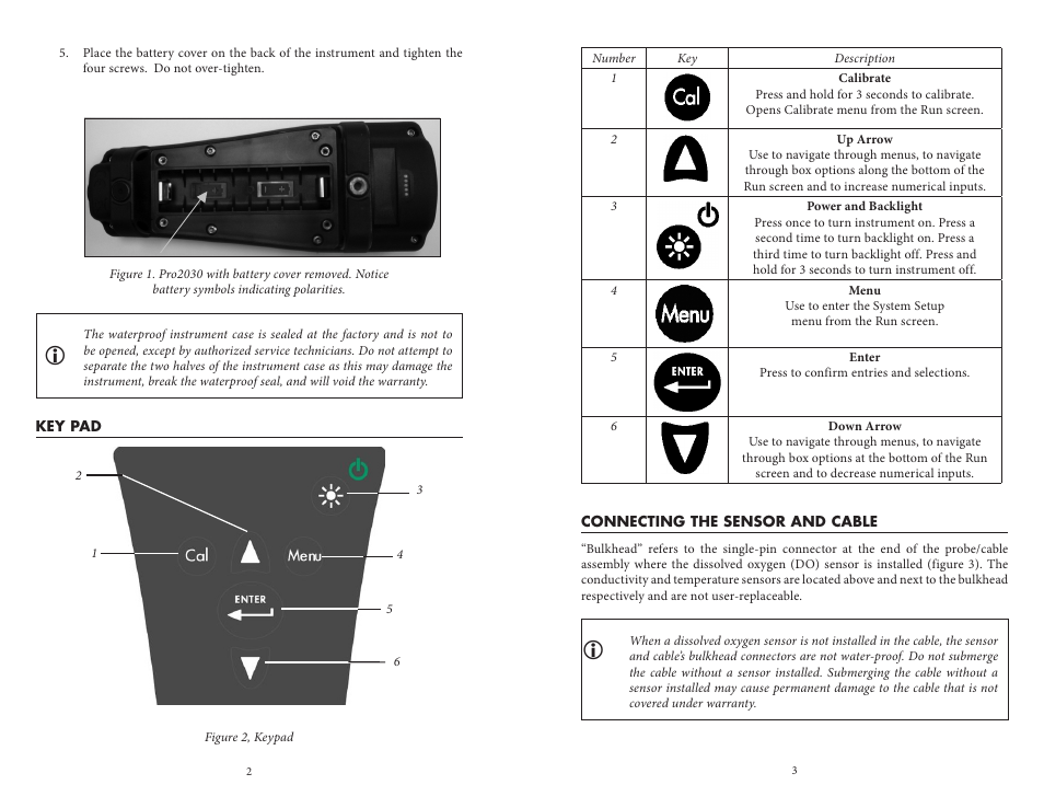 Key pad, Connecting the sensor and cable, Key pad connecting the sensor and cable | YSI Pro2030 User Manual | Page 5 / 27