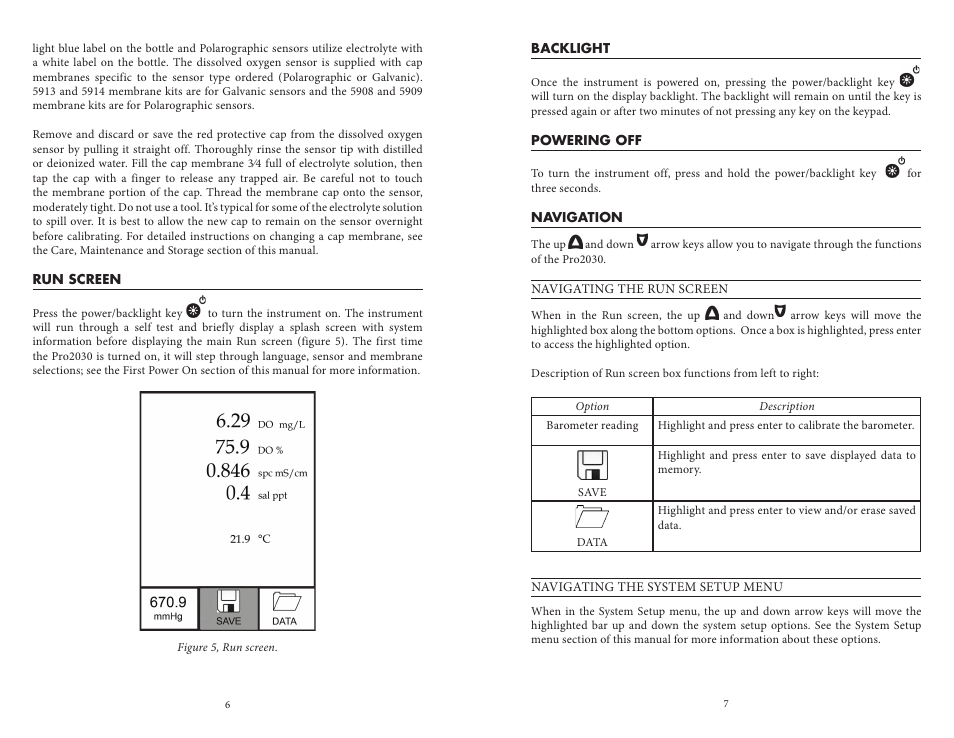 Run screen, Backlight, Powering off | Navigation, Run screen backlight powering off navigation | YSI Pro2030 User Manual | Page 7 / 27