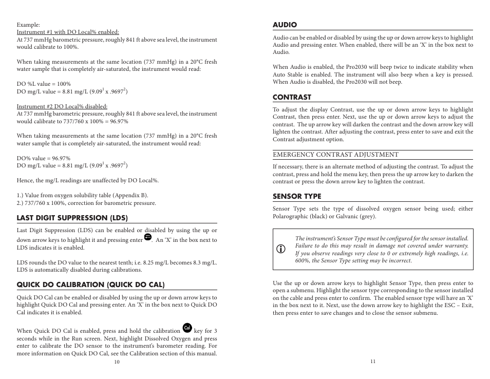 Last digit suppression (lds), Quick do calibration (quick do cal), Audio | Contrast, Sensor type | YSI Pro2030 User Manual | Page 9 / 27