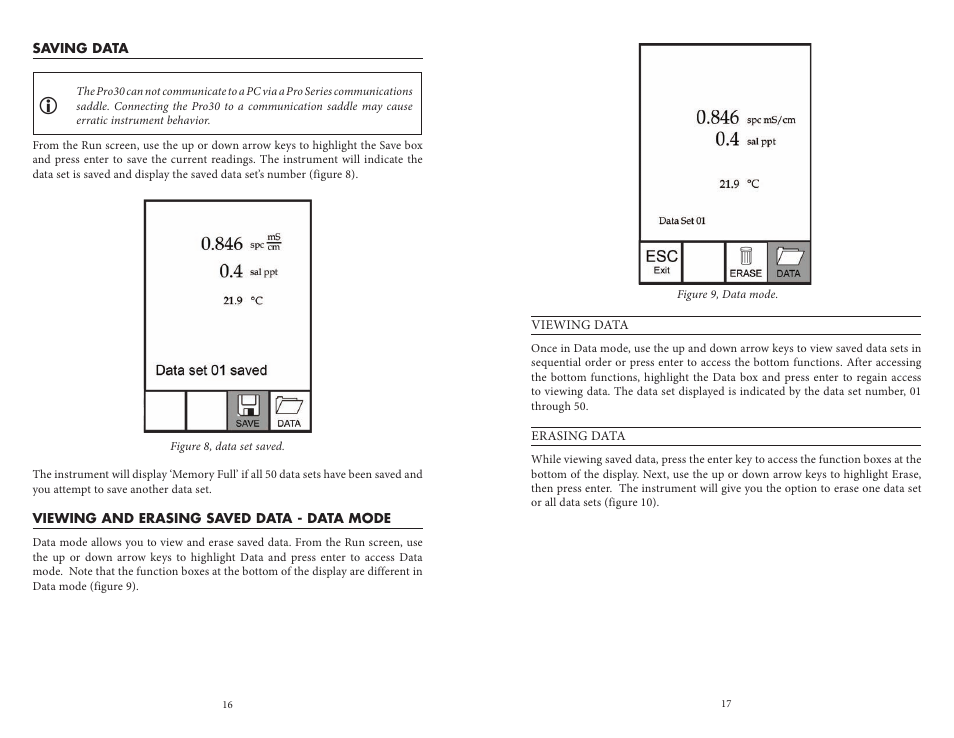 Saving data, Viewing and erasing saved data - data mode | YSI Pro30 User Manual | Page 12 / 17