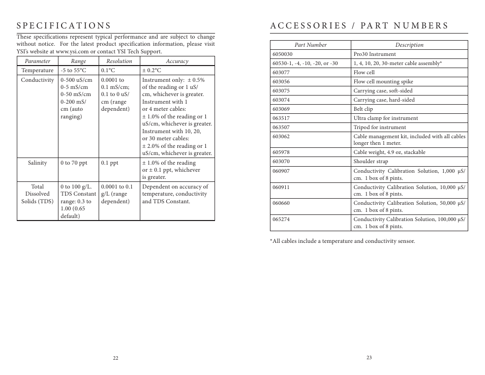 Specifications, Accessories / part numbers, Specifications accessories / part numbers | YSI Pro30 User Manual | Page 15 / 17