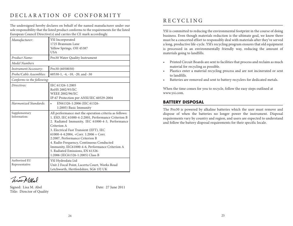 Declaration of conformity, Recycling, Battery disposal | Declaration of conformity recycling | YSI Pro30 User Manual | Page 16 / 17