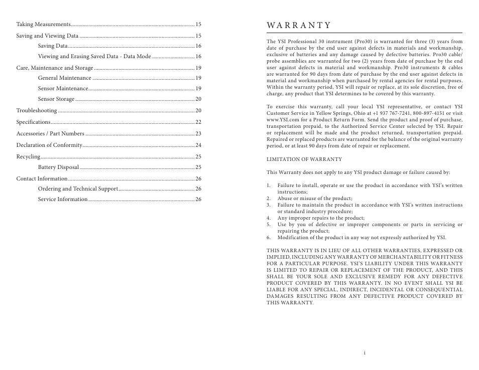 Warranty | YSI Pro30 User Manual | Page 3 / 17