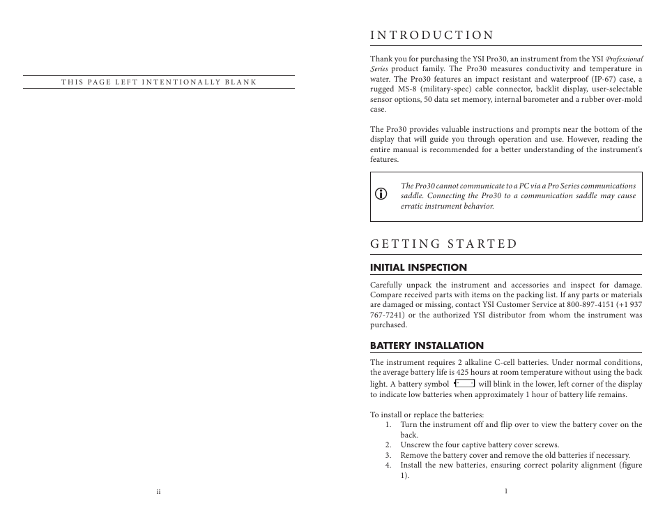 Introduction, Getting started, Initial inspection | Battery installation, Introduction getting started, Initial inspection battery installation | YSI Pro30 User Manual | Page 4 / 17