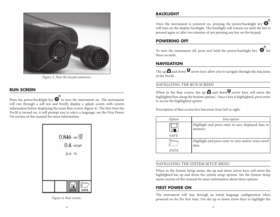 Run screen, Backlight, Powering off | Navigation, First power on | YSI Pro30 User Manual | Page 6 / 17