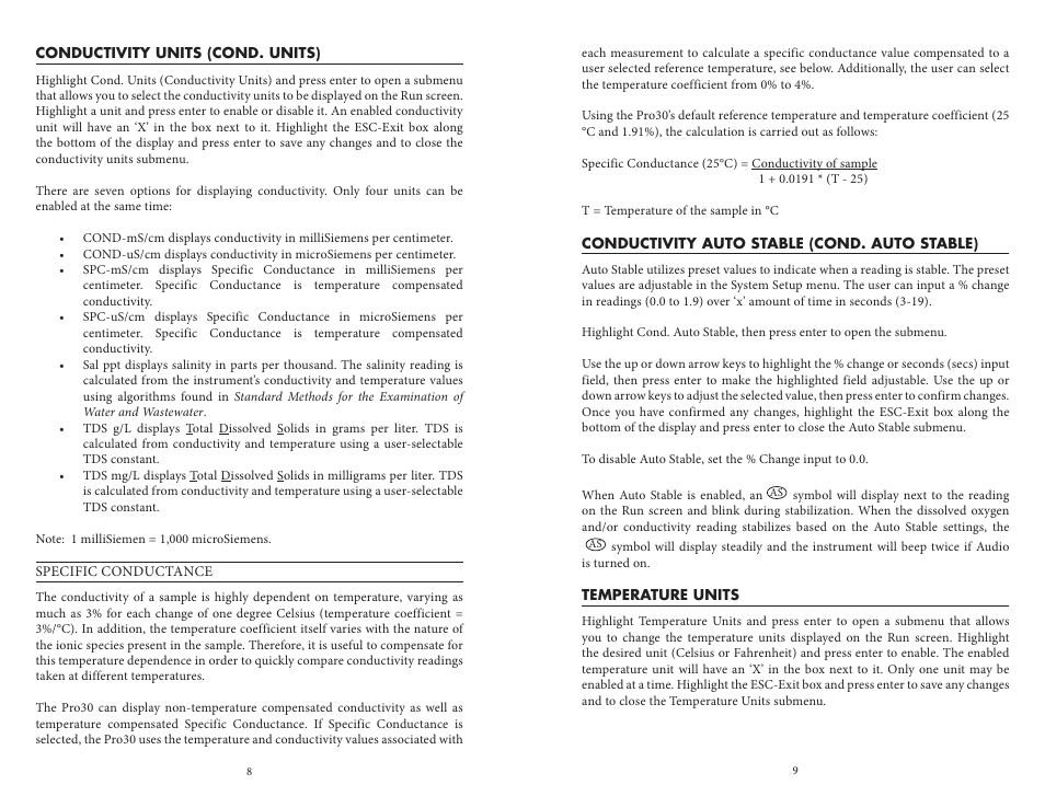 Conductivity units (cond. units), Conductivity auto stable (cond. auto stable), Temperature units | YSI Pro30 User Manual | Page 8 / 17