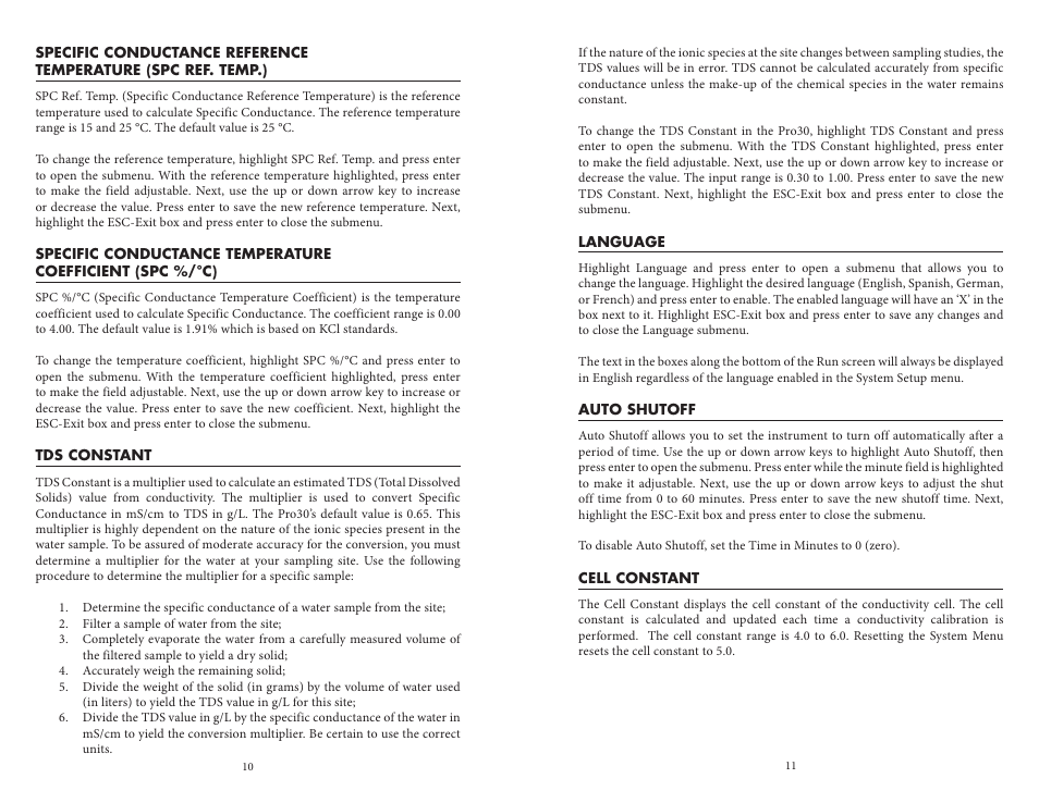 Tds constant, Language, Auto shutoff | Cell constant | YSI Pro30 User Manual | Page 9 / 17