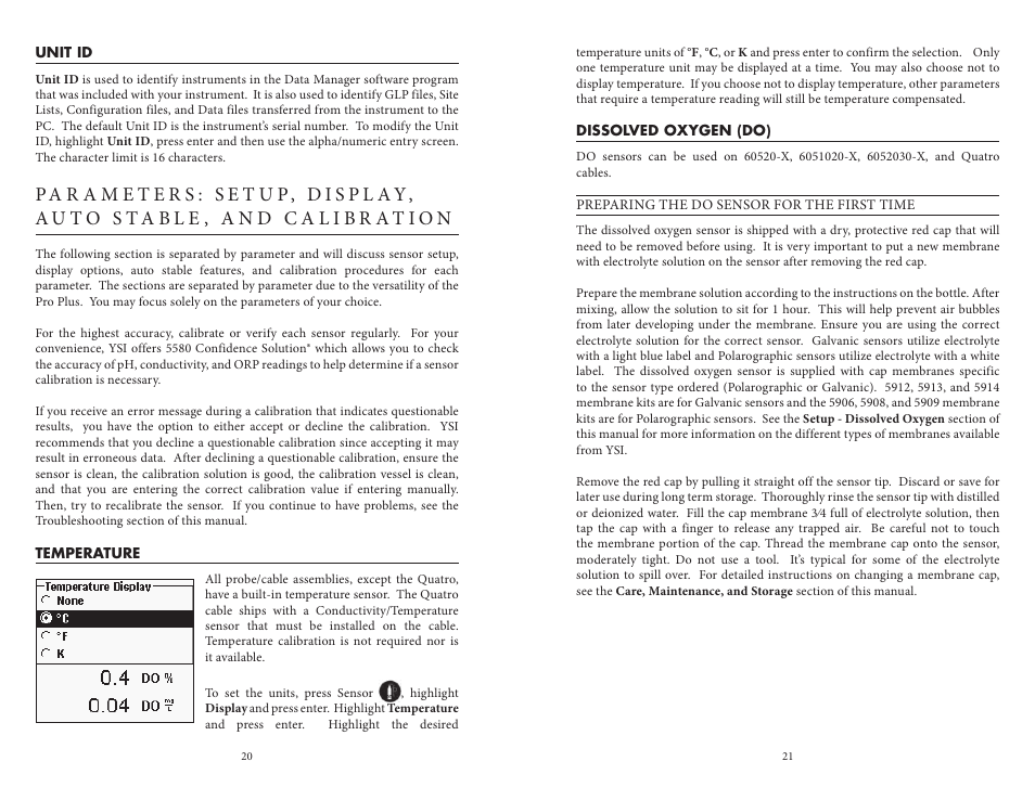 Unit id, Temperature, Dissolved oxygen (do) | YSI Professional Plus User Manual | Page 15 / 45