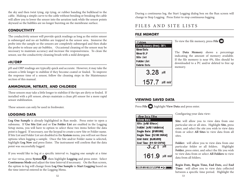 Files and site lists, File memory viewing saved data | YSI Professional Plus User Manual | Page 31 / 45