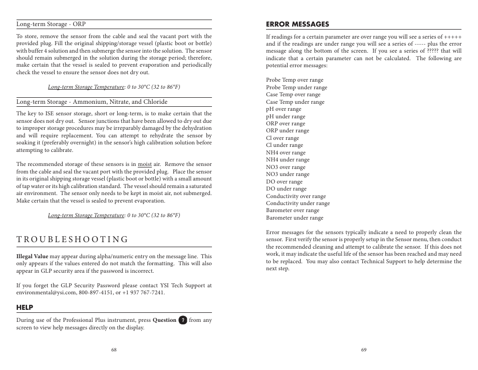 Troubleshooting, Help error messages | YSI Professional Plus User Manual | Page 39 / 45