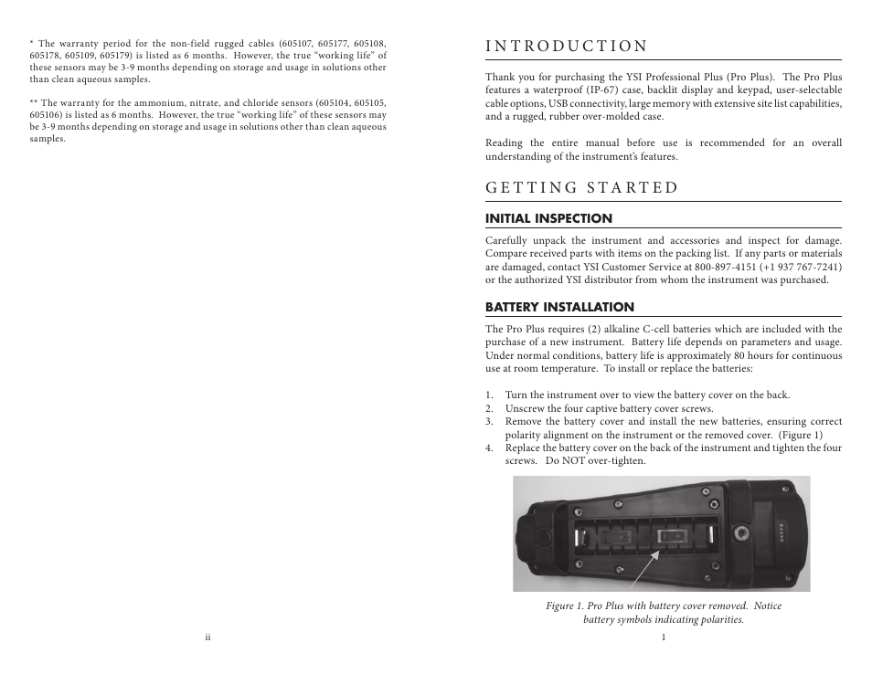 Introduction, Getting started, Initial inspection battery installation | YSI Professional Plus User Manual | Page 5 / 45