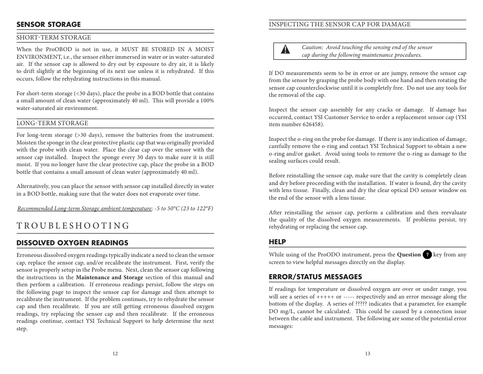 Sensor storage, Troubleshooting | YSI ProOBOD User Manual | Page 10 / 15