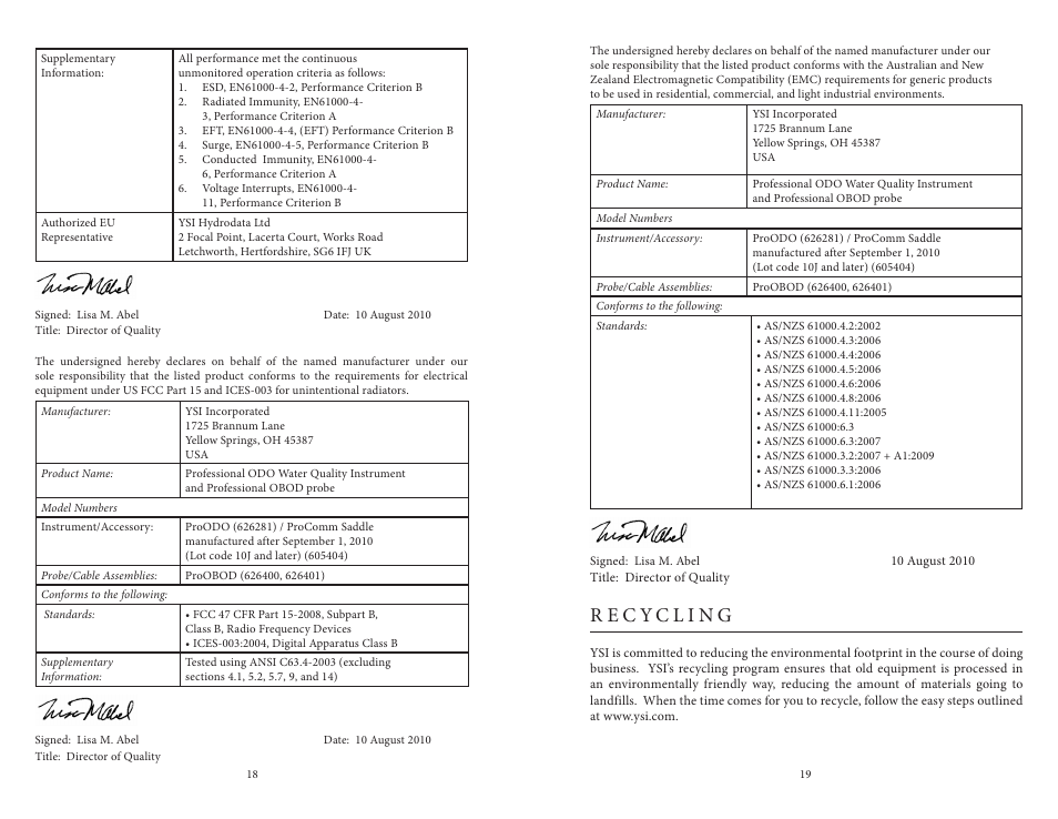 Recycling | YSI ProOBOD User Manual | Page 13 / 15