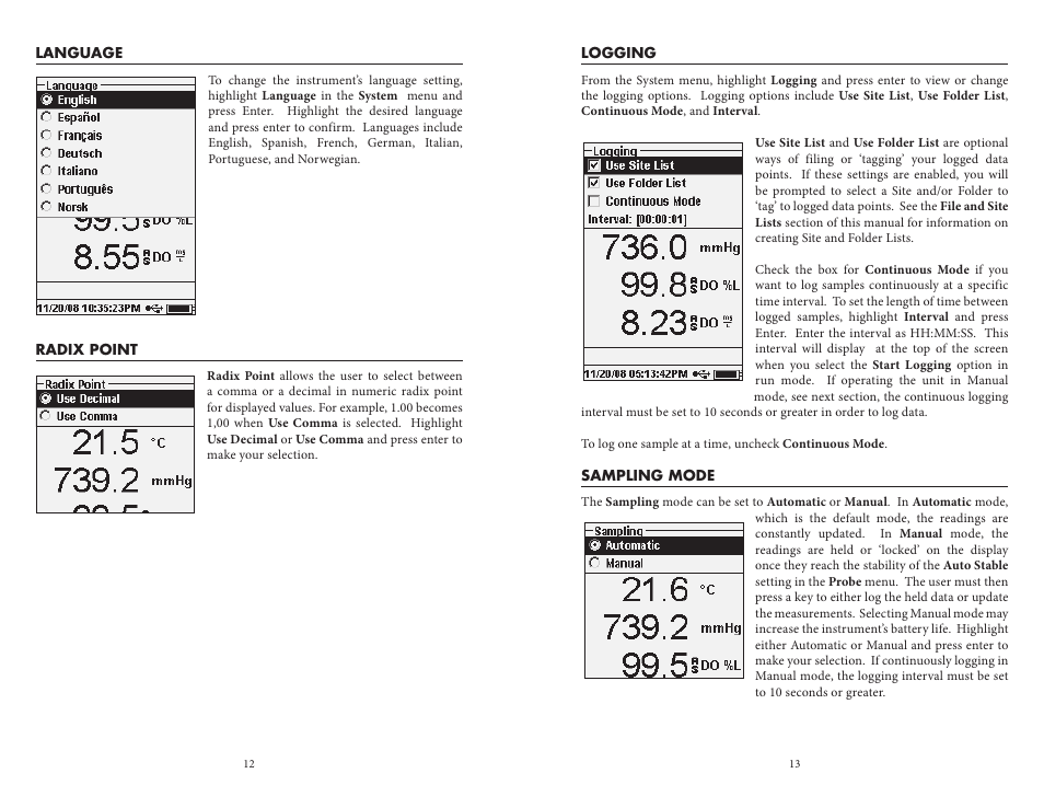 Language, Radix point, Logging | Sampling mode, Language radix point logging sampling mode | YSI ProODO User Manual | Page 11 / 29