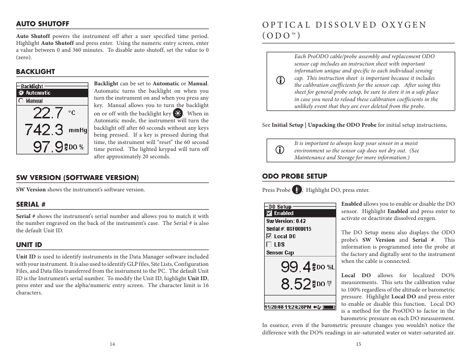 Auto shutoff, Backlight, Sw version (software version) | Serial, Unit id, Optical dissolved oxygen (odo™), Odo probe setup | YSI ProODO User Manual | Page 12 / 29