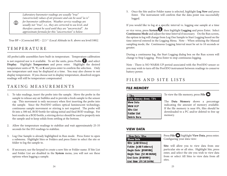 Temperature, Taking measurements, Files and site lists | File memory, View data, File memory view data | YSI ProODO User Manual | Page 17 / 29