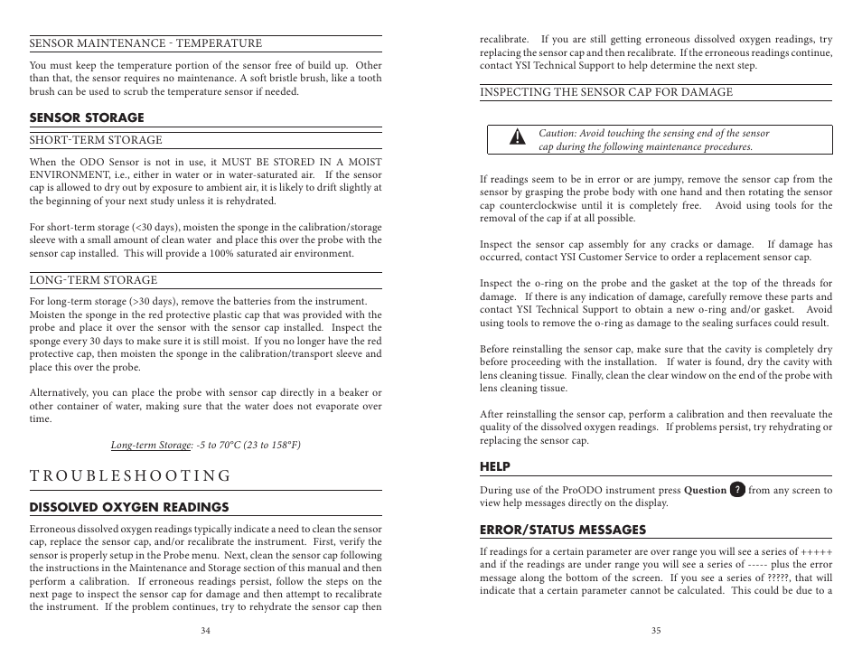 Sensor storage, Troubleshooting, Dissolved oxygen readings | Help, Error/status messages | YSI ProODO User Manual | Page 22 / 29