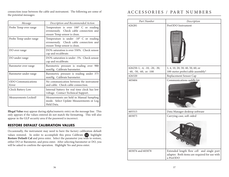 Restore default calibration values, Accessories / part numbers | YSI ProODO User Manual | Page 23 / 29