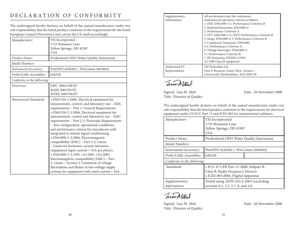 Declaration of conformity | YSI ProODO User Manual | Page 25 / 29