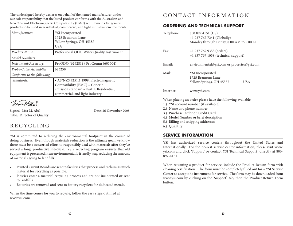 Recycling, Contact information, Ordering and technical support | Service information, Ordering and technical support service information | YSI ProODO User Manual | Page 26 / 29