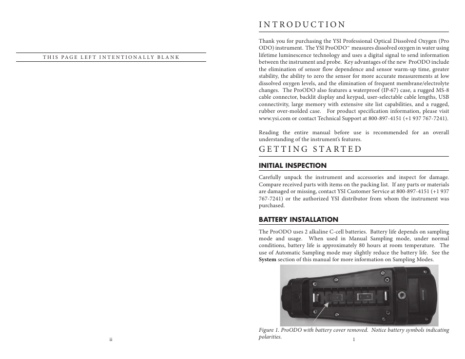 Introduction, Getting started, Initial inspection | Battery installation, Initial inspection battery installation | YSI ProODO User Manual | Page 5 / 29