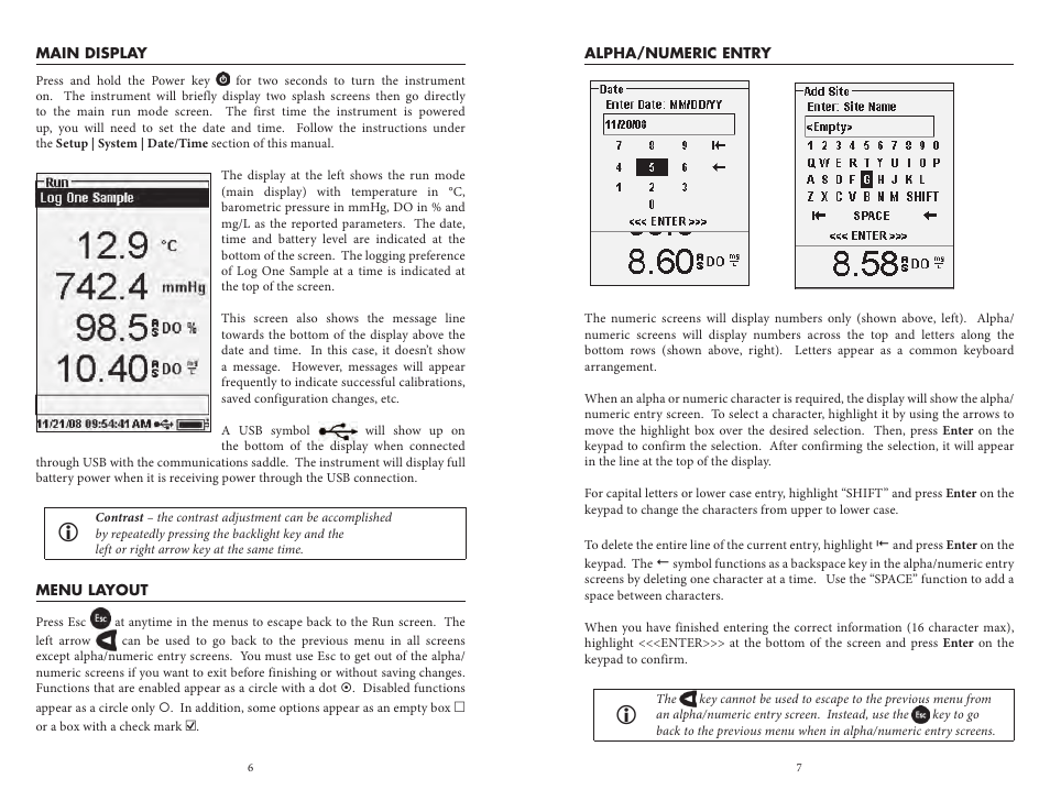 Main display, Menu layout, Alpha/numeric entry | Main display menu layout alpha/numeric entry | YSI ProODO User Manual | Page 8 / 29