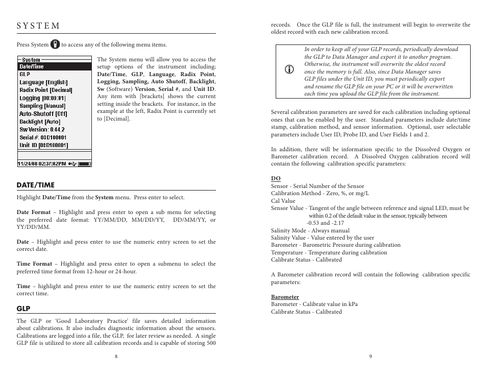 System, Date/time, Date/time glp | YSI ProODO User Manual | Page 9 / 29