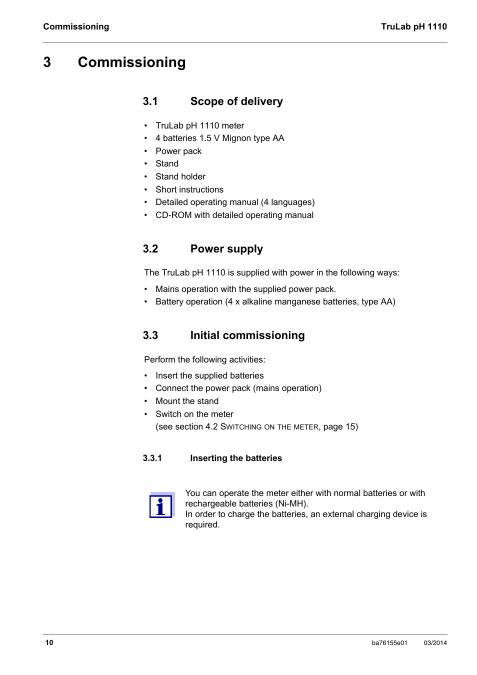3 commissioning, 1 scope of delivery, 2 power supply | 3 initial commissioning, 1 inserting the batteries, Commissioning, Scope of delivery, Power supply, Initial commissioning, Inserting the batteries | YSI TruLab pH 1110 User Manual | Page 10 / 54