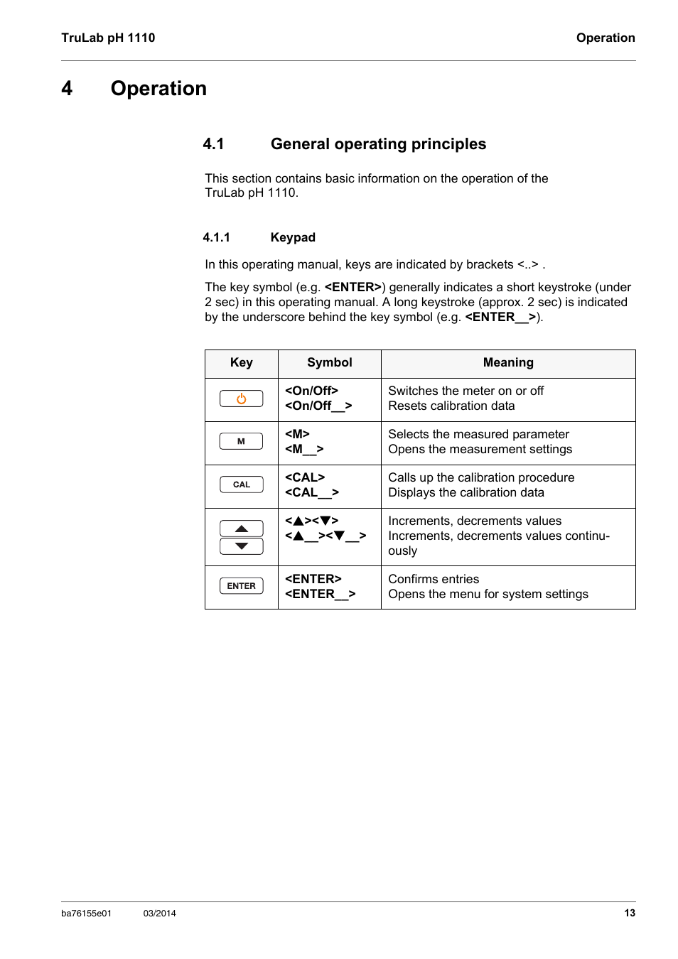 4 operation, 1 general operating principles, 1 keypad | Operation, General operating principles, Keypad, 4operation | YSI TruLab pH 1110 User Manual | Page 13 / 54