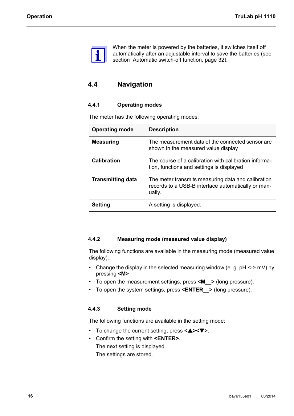 4 navigation, 1 operating modes, 2 measuring mode (measured value display) | 3 setting mode, Navigation, Operating modes, Measuring mode (measured value display), Setting mode | YSI TruLab pH 1110 User Manual | Page 16 / 54