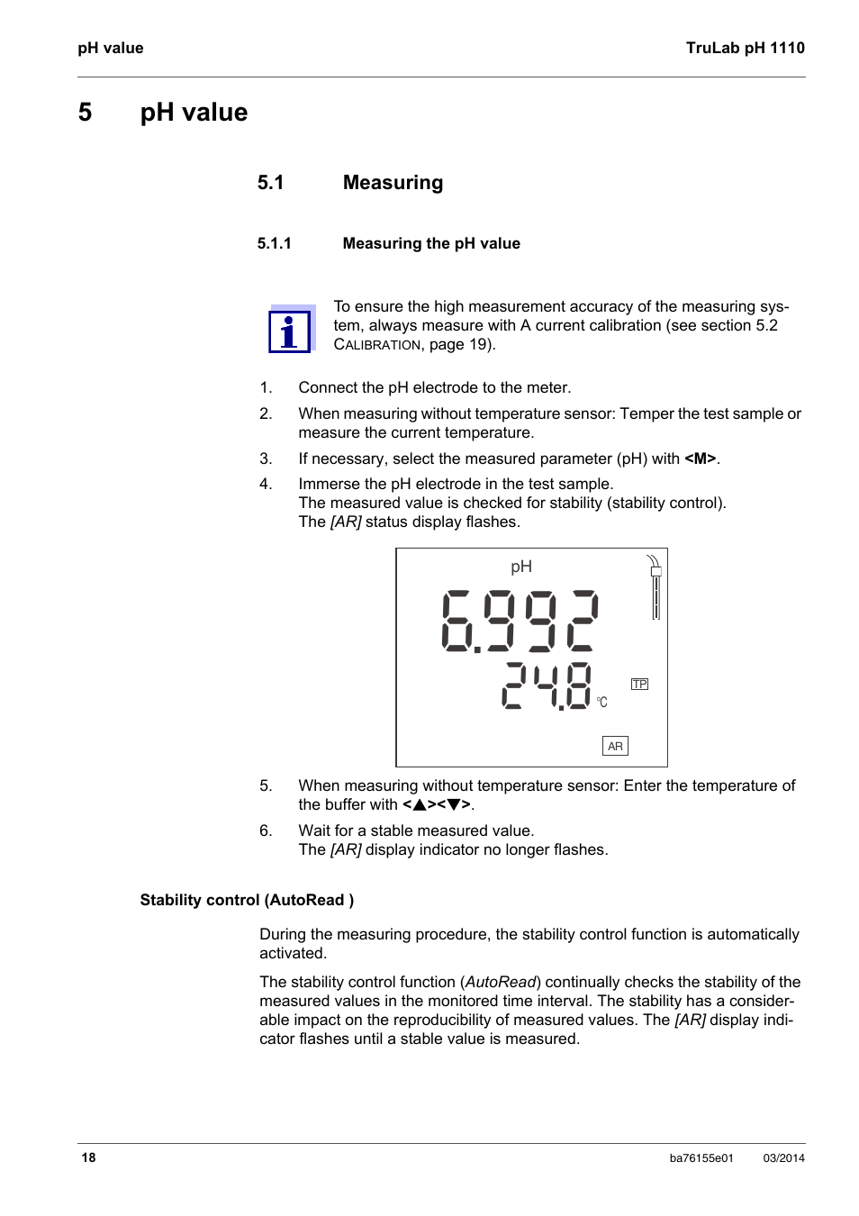 5 ph value, 1 measuring, 1 measuring the ph value | Ph value, Measuring, Measuring the ph value, 5ph value | YSI TruLab pH 1110 User Manual | Page 18 / 54