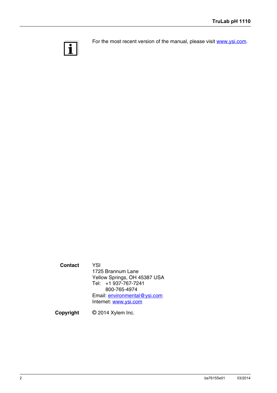 YSI TruLab pH 1110 User Manual | Page 2 / 54