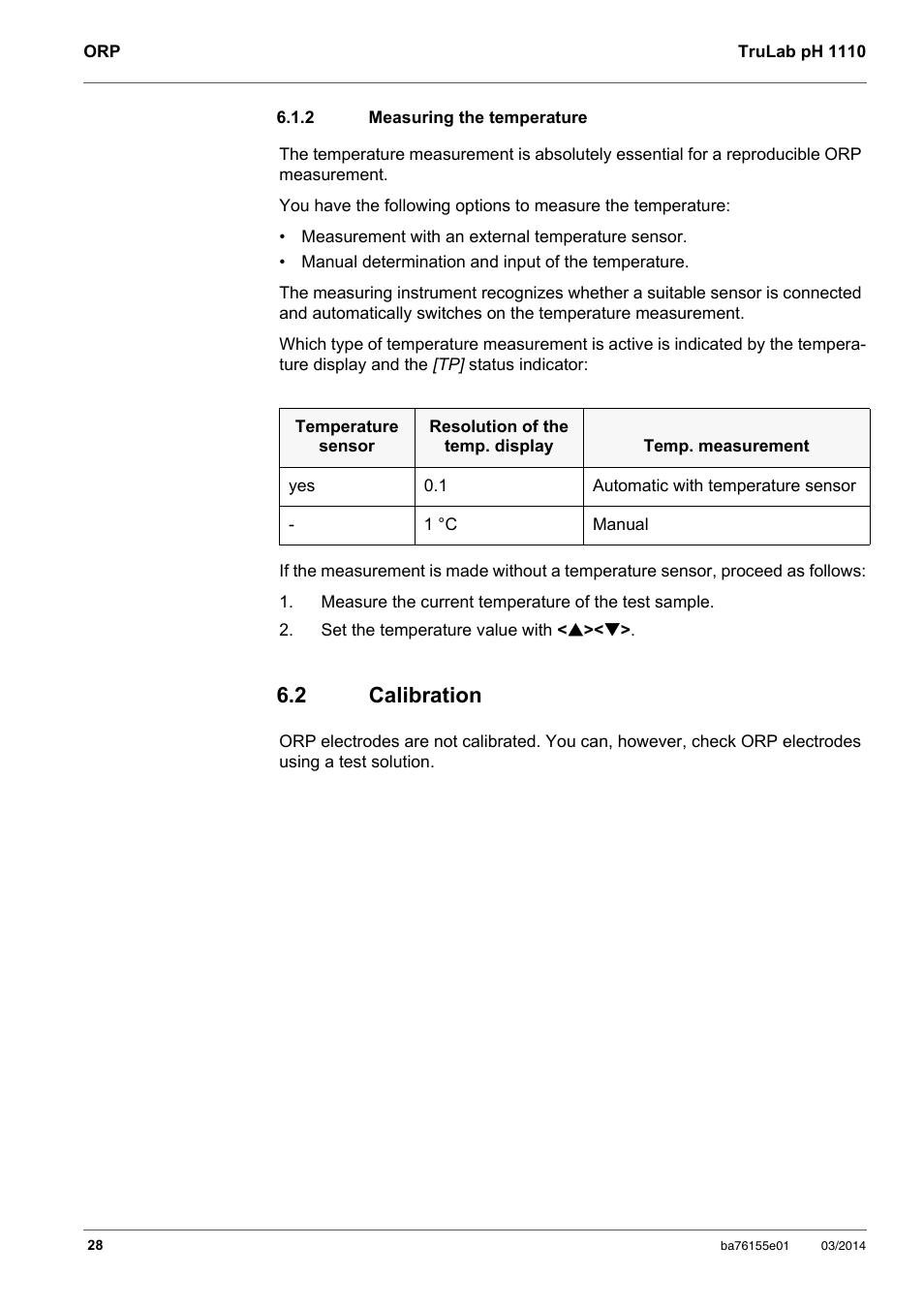 2 measuring the temperature, 2 calibration, Measuring the temperature | Calibration | YSI TruLab pH 1110 User Manual | Page 28 / 54