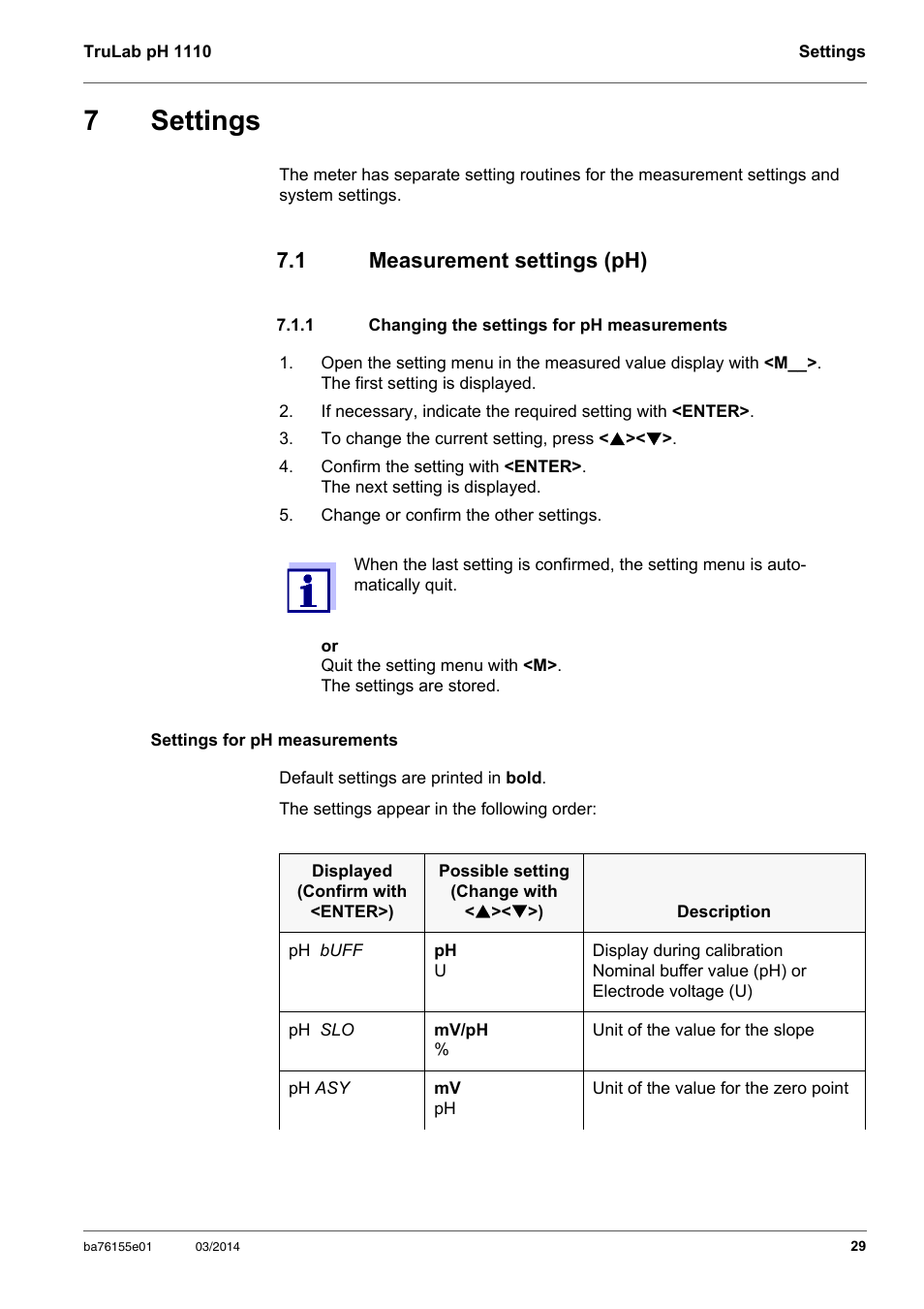 7 settings, 1 measurement settings (ph), 1 changing the settings for ph measurements | Settings, Measurement settings (ph), Changing the settings for ph measurements, Section 7.1.1 c, Hanging, Measure, Ments | YSI TruLab pH 1110 User Manual | Page 29 / 54