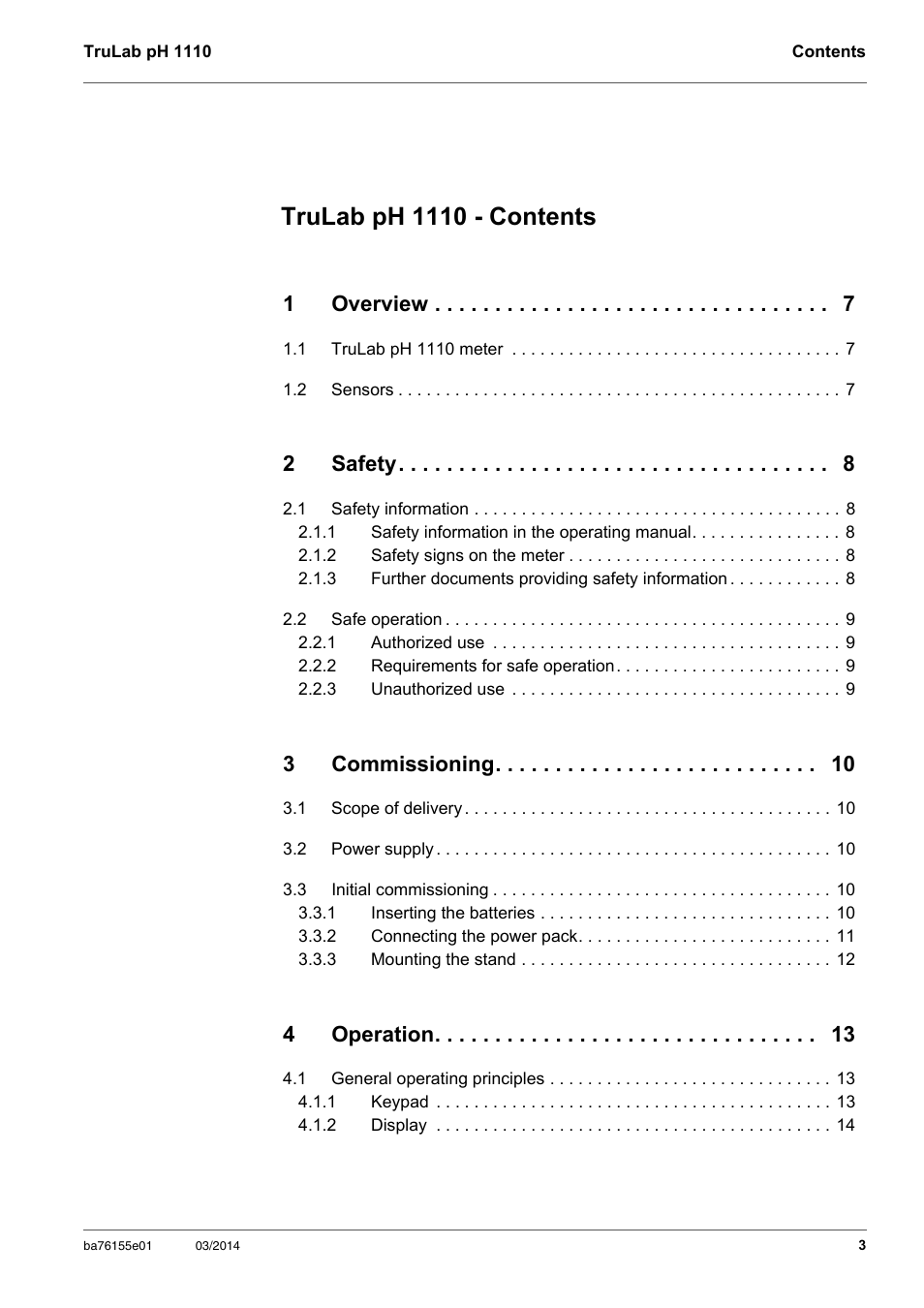 Trulab ph 1110 - contents, 1overview, 2safety | 3commissioning, 4operation | YSI TruLab pH 1110 User Manual | Page 3 / 54