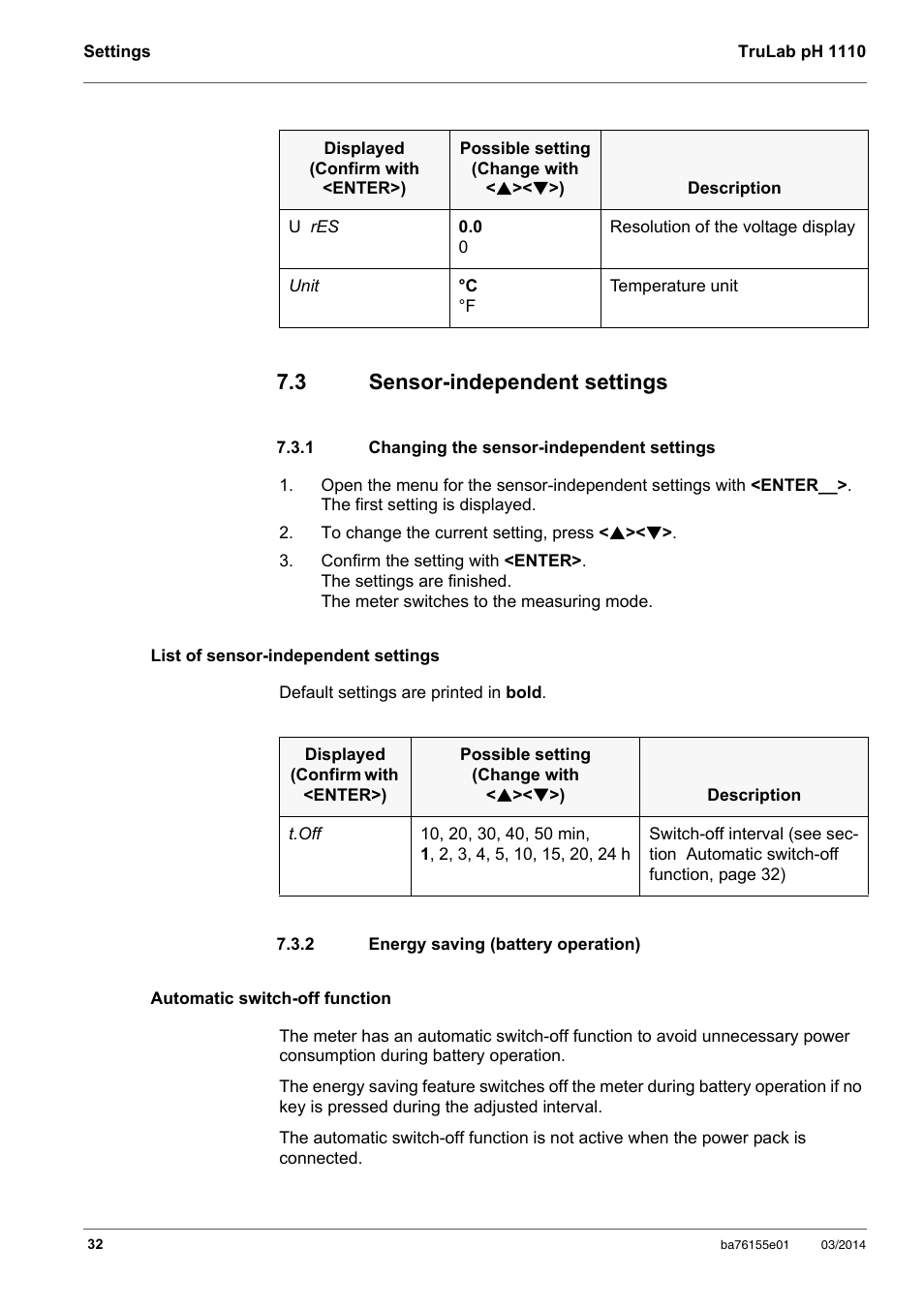 3 sensor-independent settings, 1 changing the sensor-independent settings, 2 energy saving (battery operation) | Sensor-independent settings, Changing the sensor-independent settings, Energy saving (battery operation) | YSI TruLab pH 1110 User Manual | Page 32 / 54