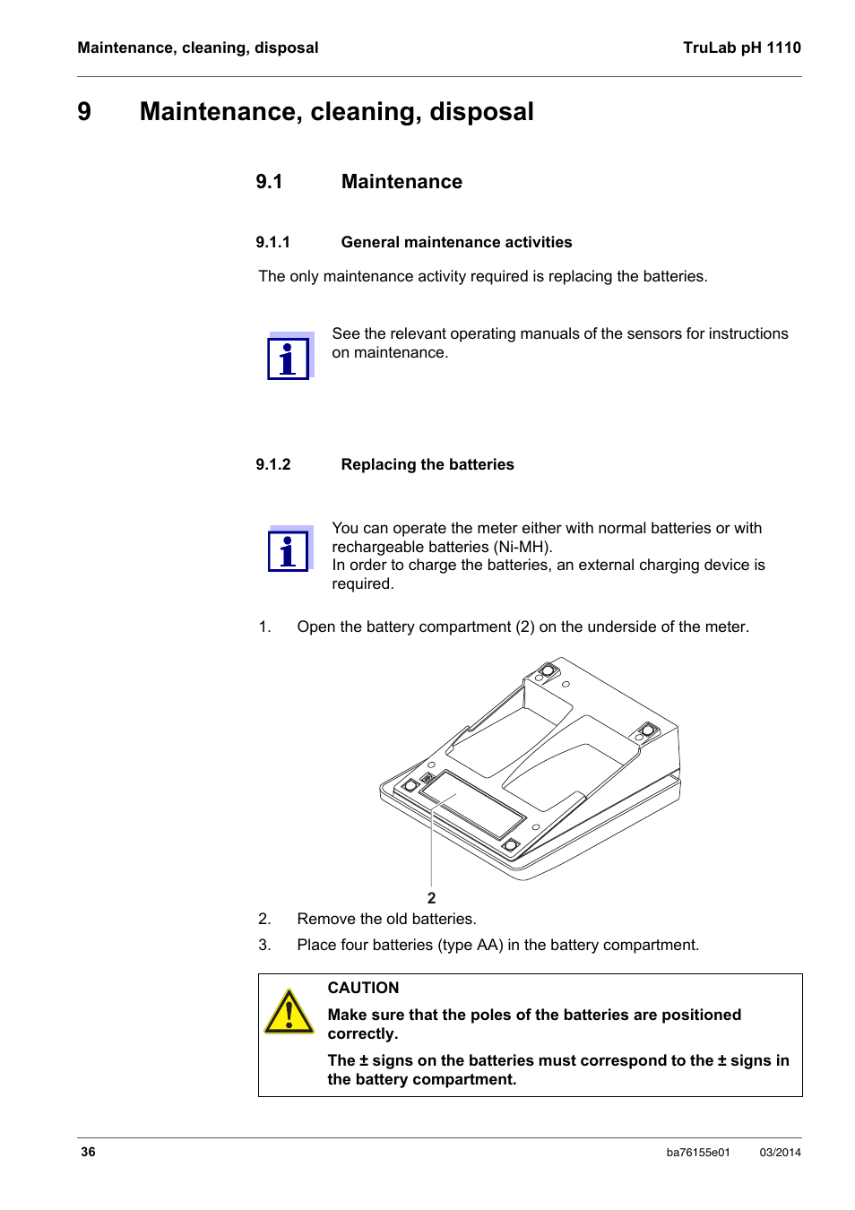 9 maintenance, cleaning, disposal, 1 maintenance, 1 general maintenance activities | 2 replacing the batteries, Maintenance, cleaning, disposal, Maintenance, General maintenance activities, Replacing the batteries, 9maintenance, cleaning, disposal | YSI TruLab pH 1110 User Manual | Page 36 / 54