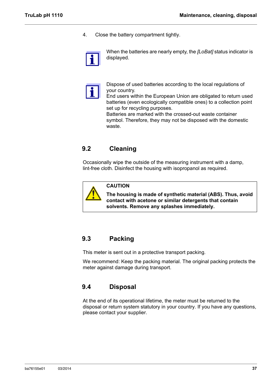 2 cleaning, 3 packing, 4 disposal | Cleaning, Packing, Disposal | YSI TruLab pH 1110 User Manual | Page 37 / 54