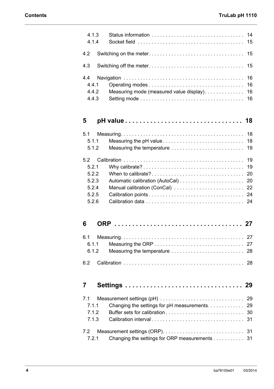 5ph value, 6orp, 7settings | YSI TruLab pH 1110 User Manual | Page 4 / 54